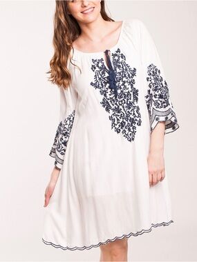 White Embroidered Boho Tunic Dress with Navy Detailing